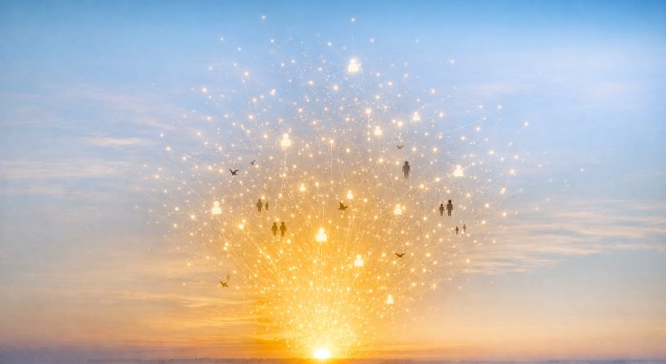 An illustration depicting a dawn from which collaborating nodes emerge