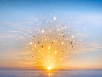 An illustration depicting a dawn from which collaborating nodes emerge