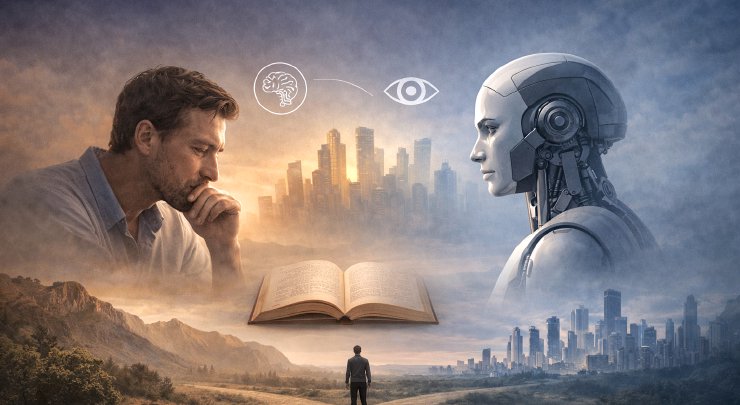 Grafika przedstawiająca komunikację człowieka i sztucznej inteligencji na tle miasta w oddali i z łąką poniżej